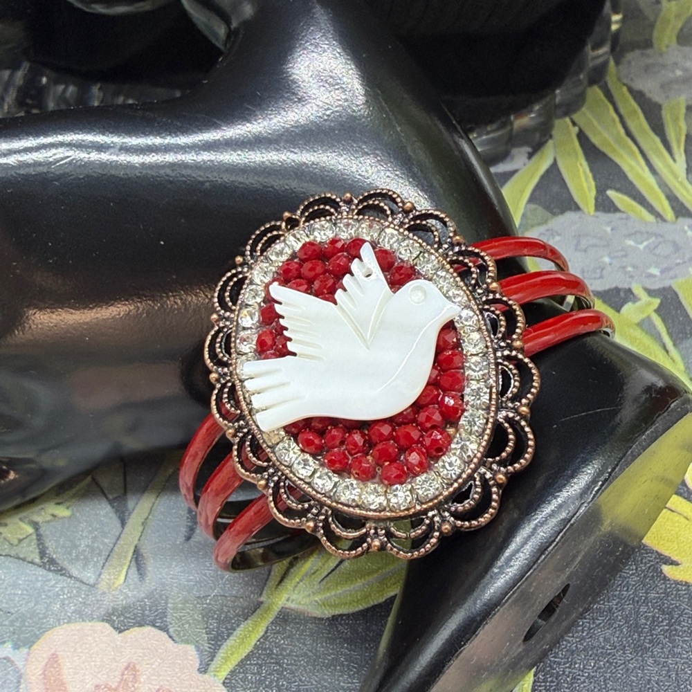 🌟Adorned Crown Jewelry assemblage mother of pearl bird enamel cuff bracelet